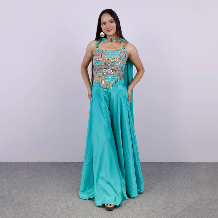 Sea Green Crop Top with Plazzo