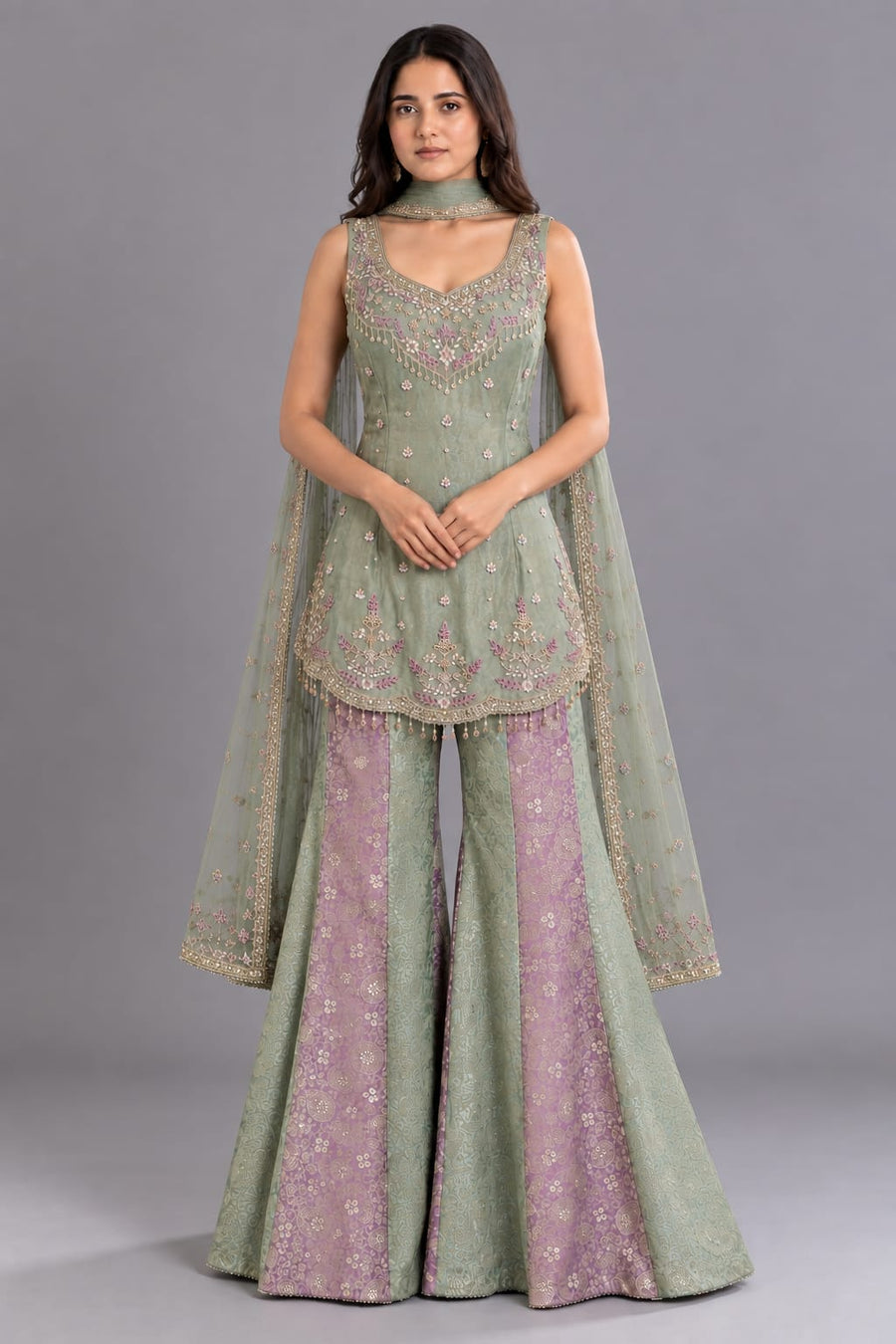 Sage Green & Lavender Embroidered Palazzo Suit with Dupatta