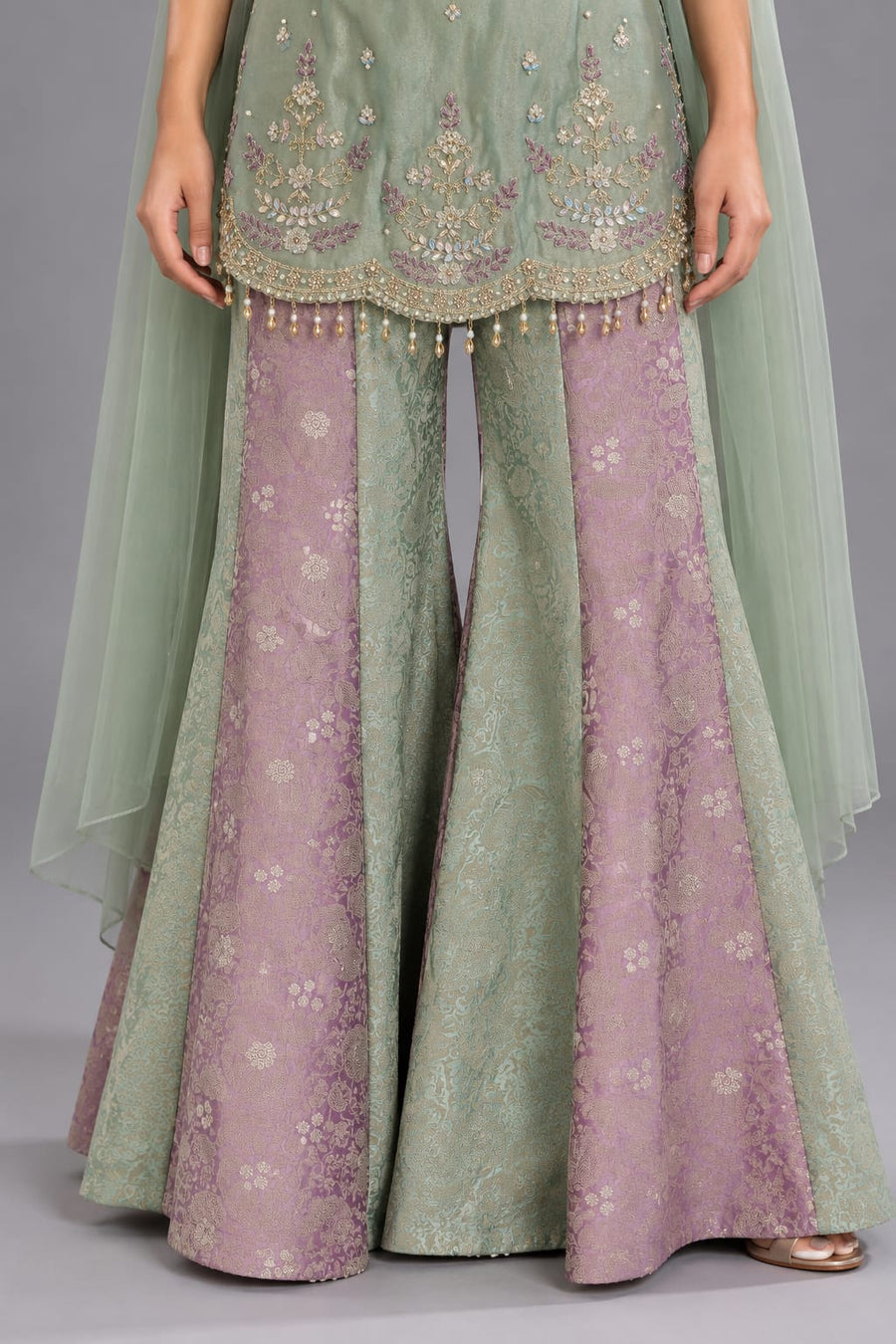 Sage Green & Lavender Embroidered Palazzo Suit with Dupatta
