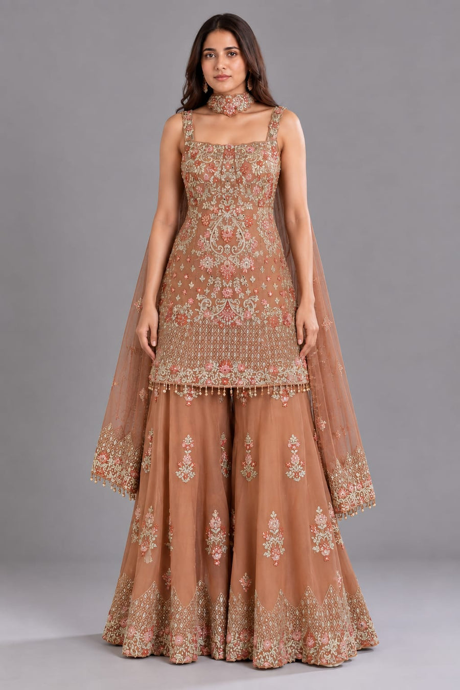 Peach Embroidered Sharara Suit with Dupatta for Wedding Functions