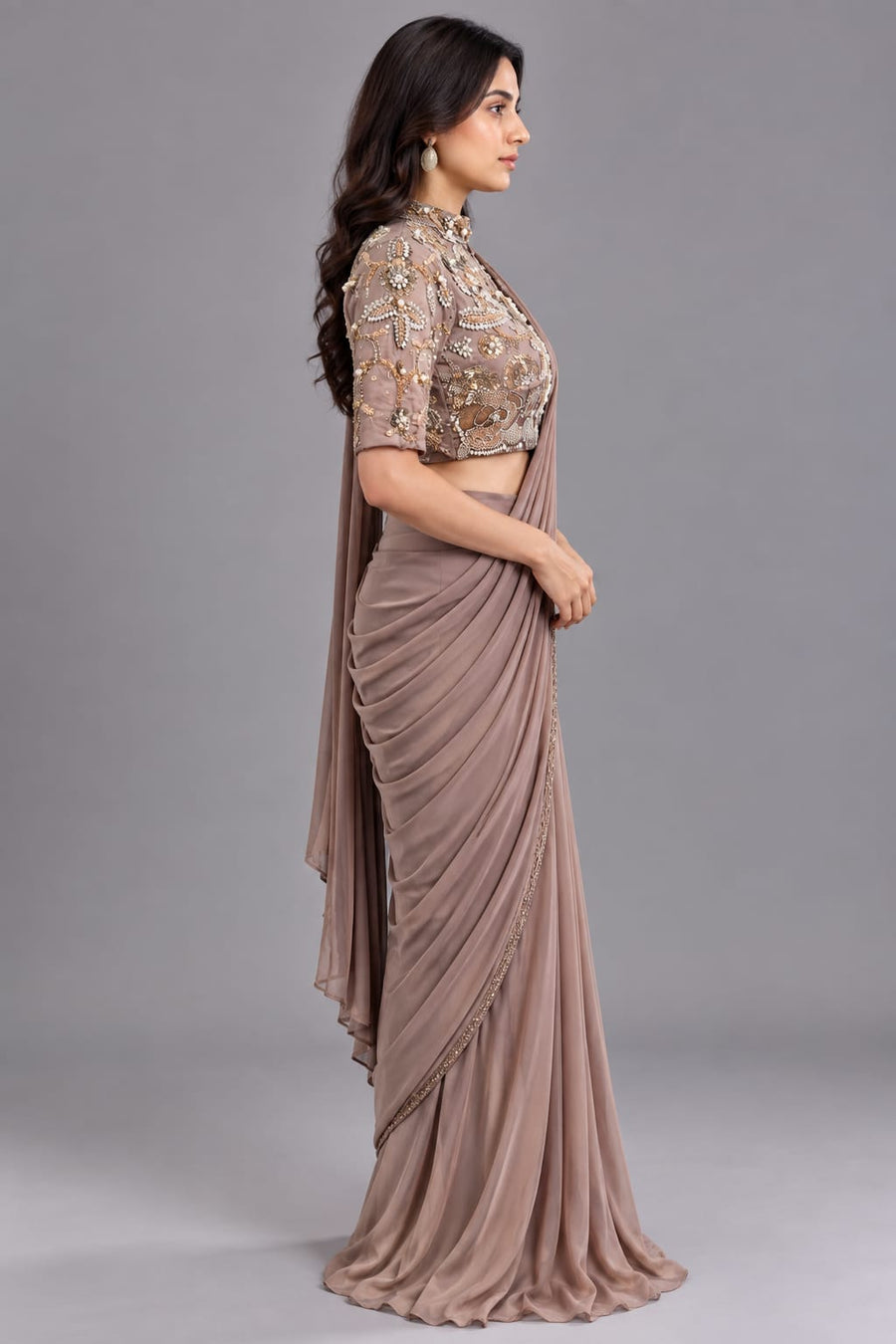 Taupe Embellished Drape Saree with Designer Blouse for Women Party Wear