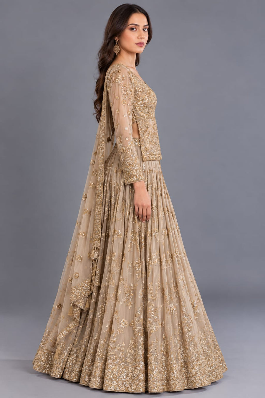 Beige Embroidered Lehenga Set with Dupatta for Wedding & Festive Wear
