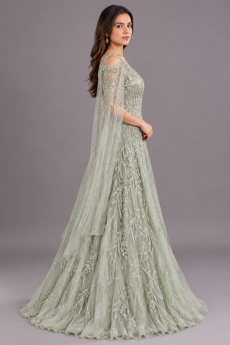 Pista Green Embroidered Flared Gown with V-Neck and Cape Sleeves