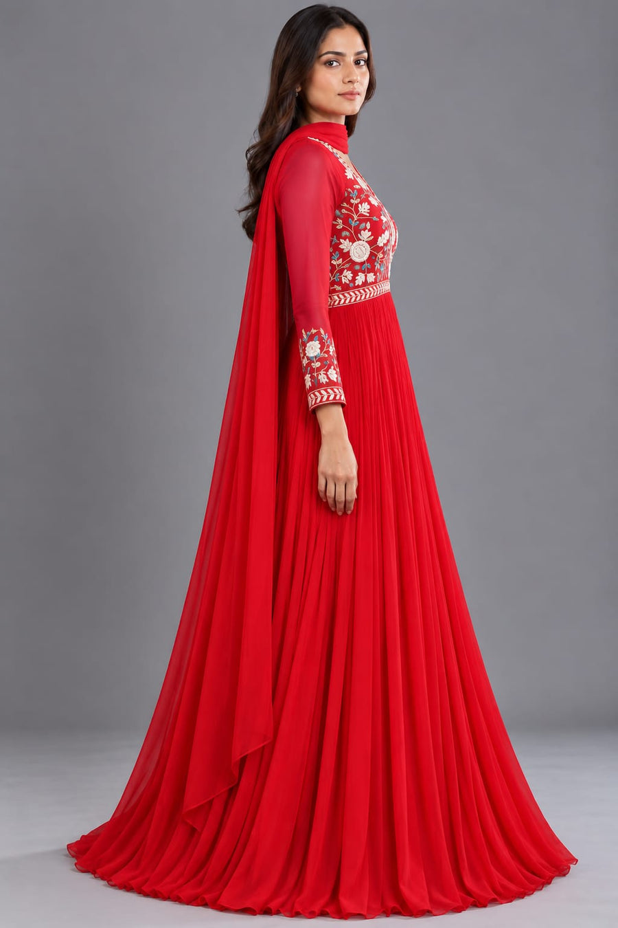 Red Embroidered Anarkali Gown with Dupatta for Women Festive Wear