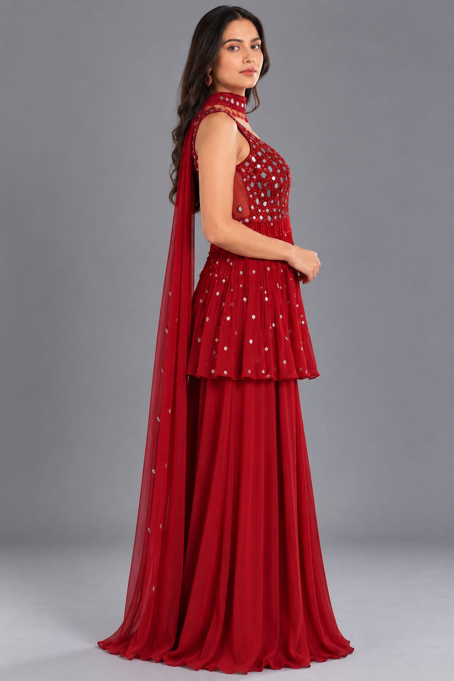 Red Mirror Work Peplum Sharara Set with Choker Dupatta for Women