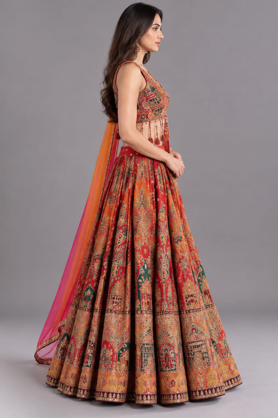 Multicolour Floral Print Lehenga with Tassel Detailing & Orange-Pink Dupatta