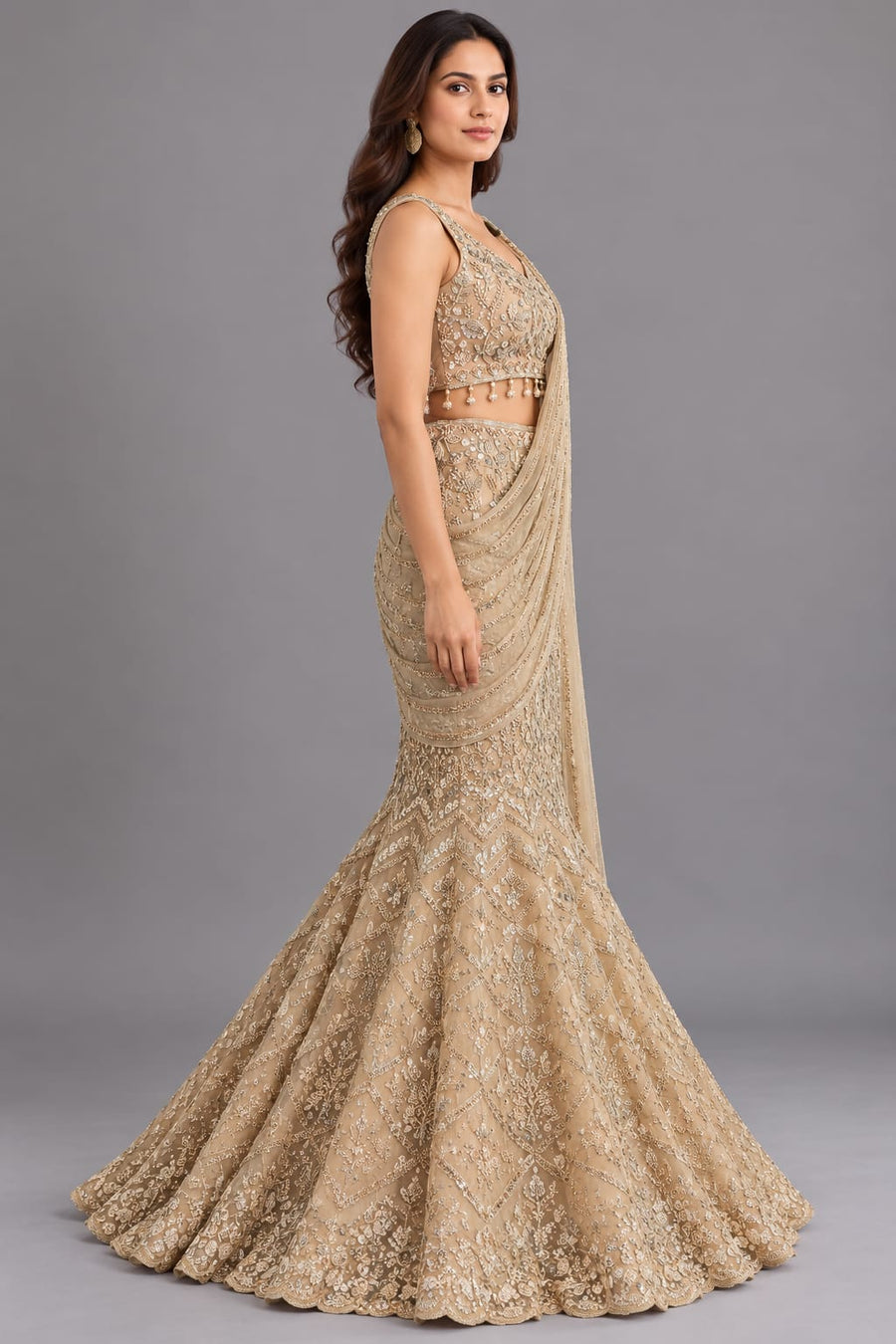 Champagne Embroidered Fishcut Lehenga with Draped Dupatta for Women