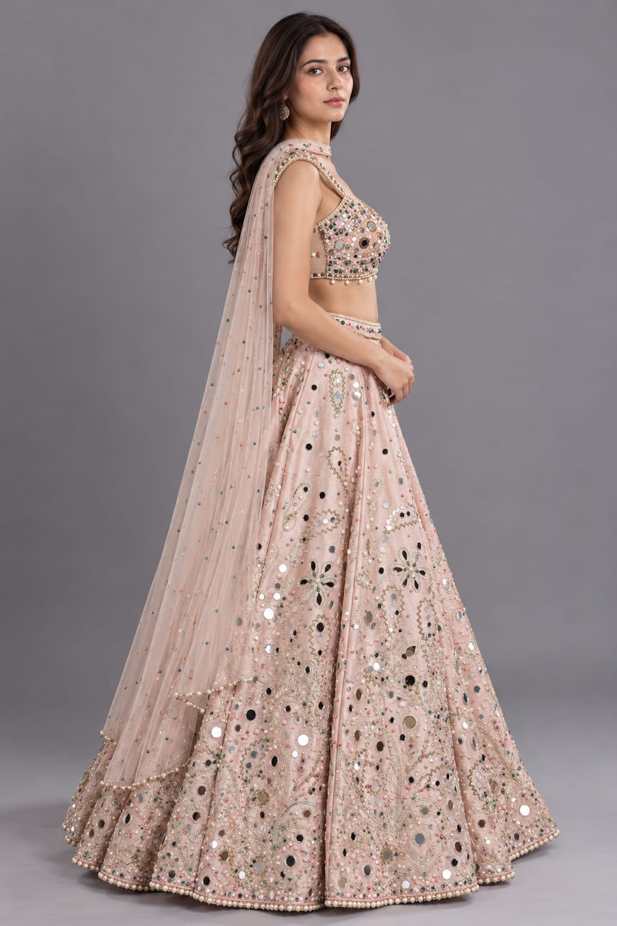 Blush Pink Mirror Work Lehenga with Embroidered Blouse and Dupatta