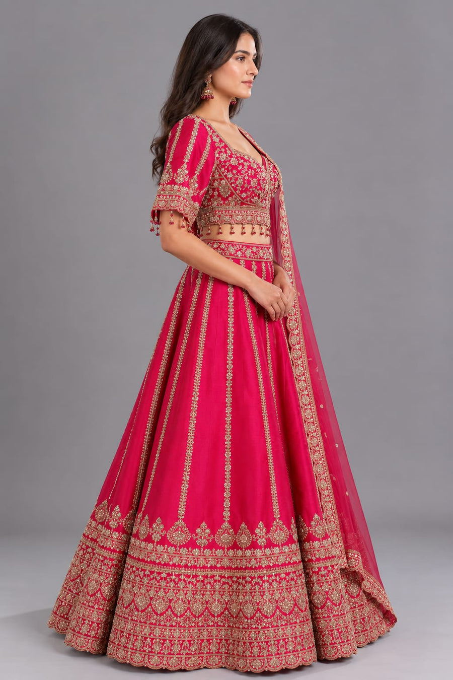 Rani Pink Embroidered Lehenga with Heavy Work & Net Dupatta