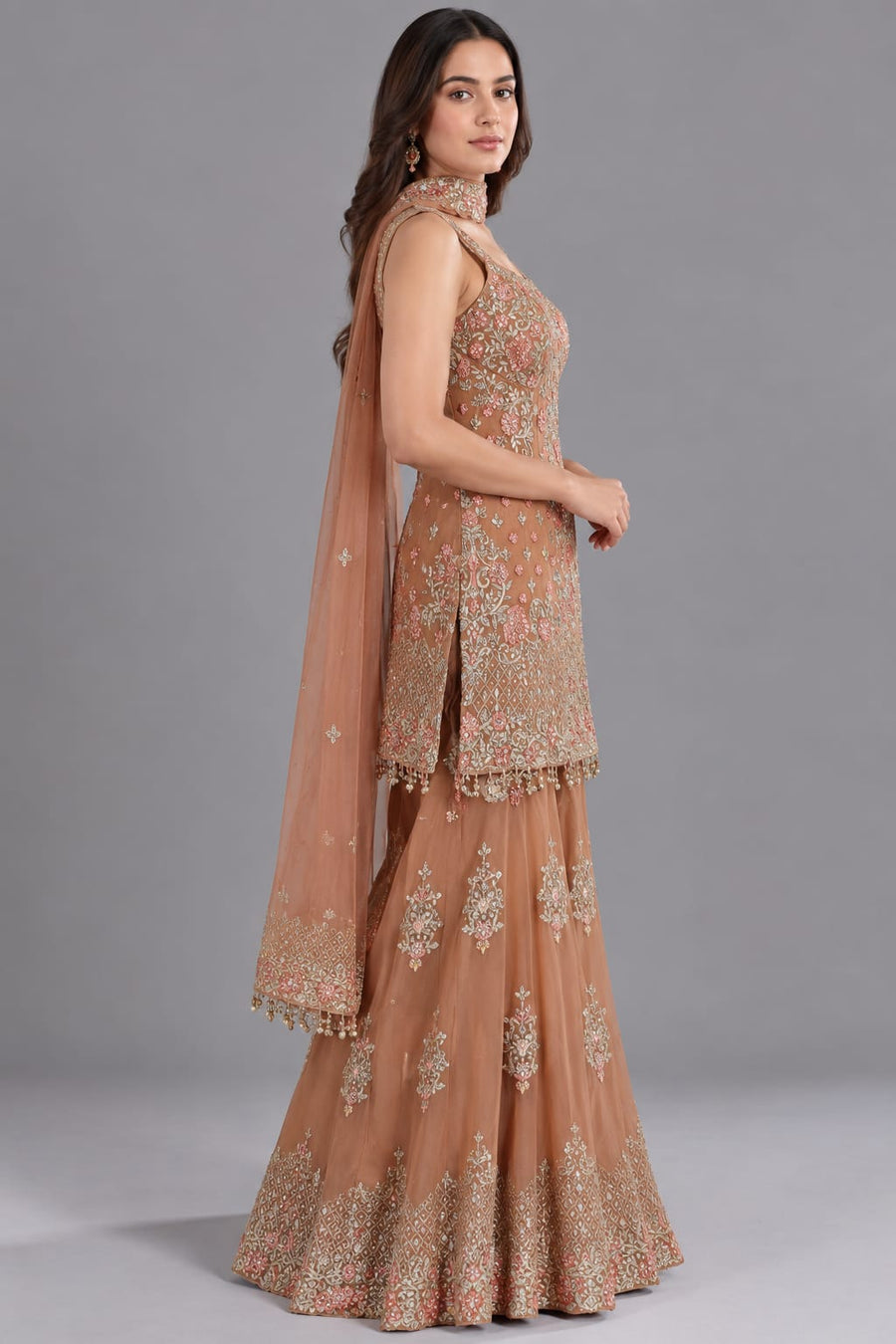 Peach Embroidered Sharara Suit with Dupatta for Wedding Functions