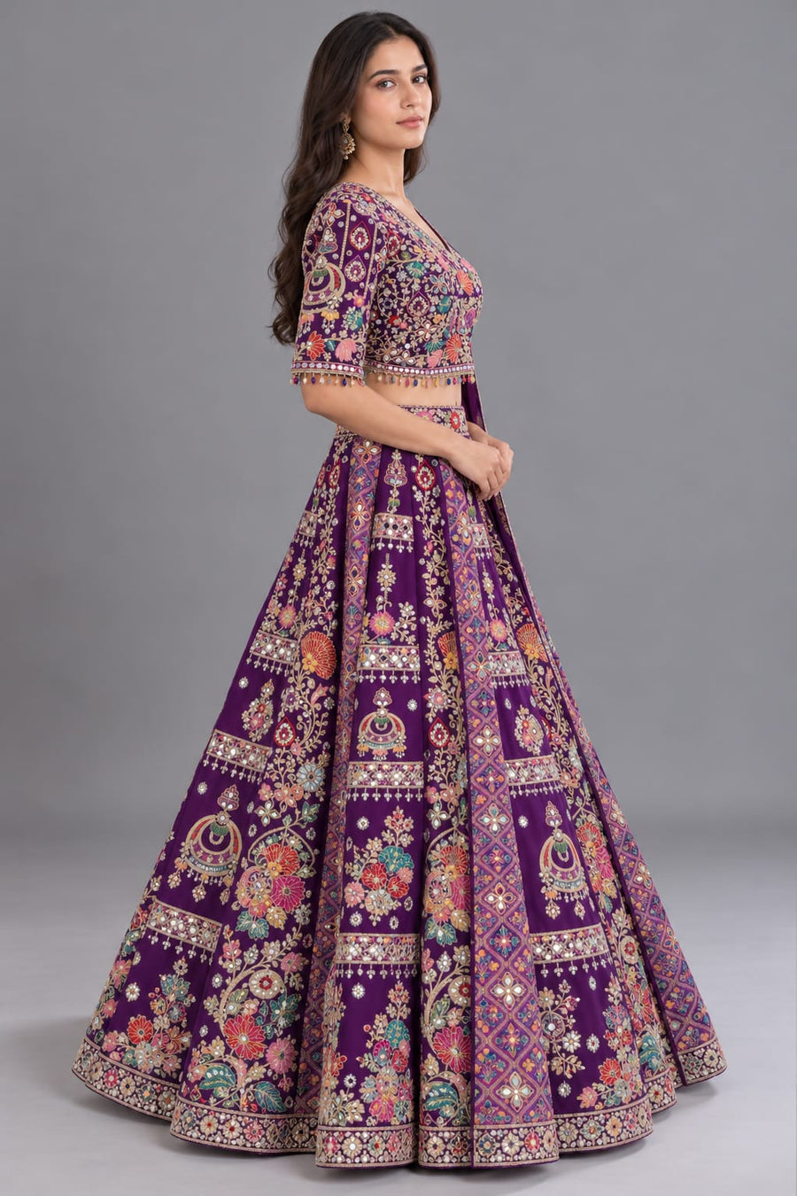 Purple Embroidered Lehenga with Floral Work and Matching Dupatta