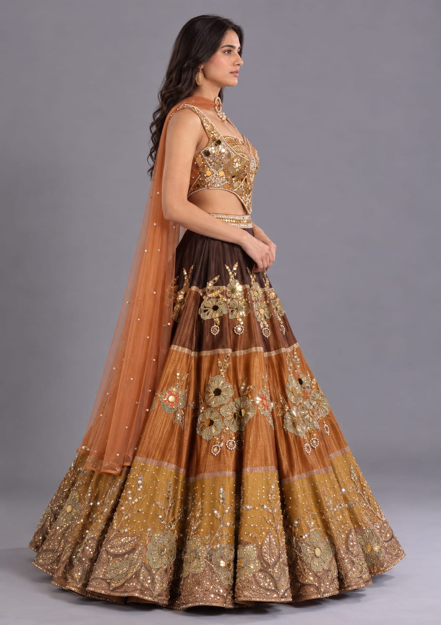Brown Mirror Work Lehenga with Corset Blouse for Women | Vastrachowk