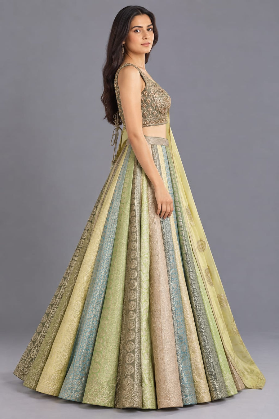Multi Colour Woven Lehenga with Embellished Blouse & Dupatta for Women