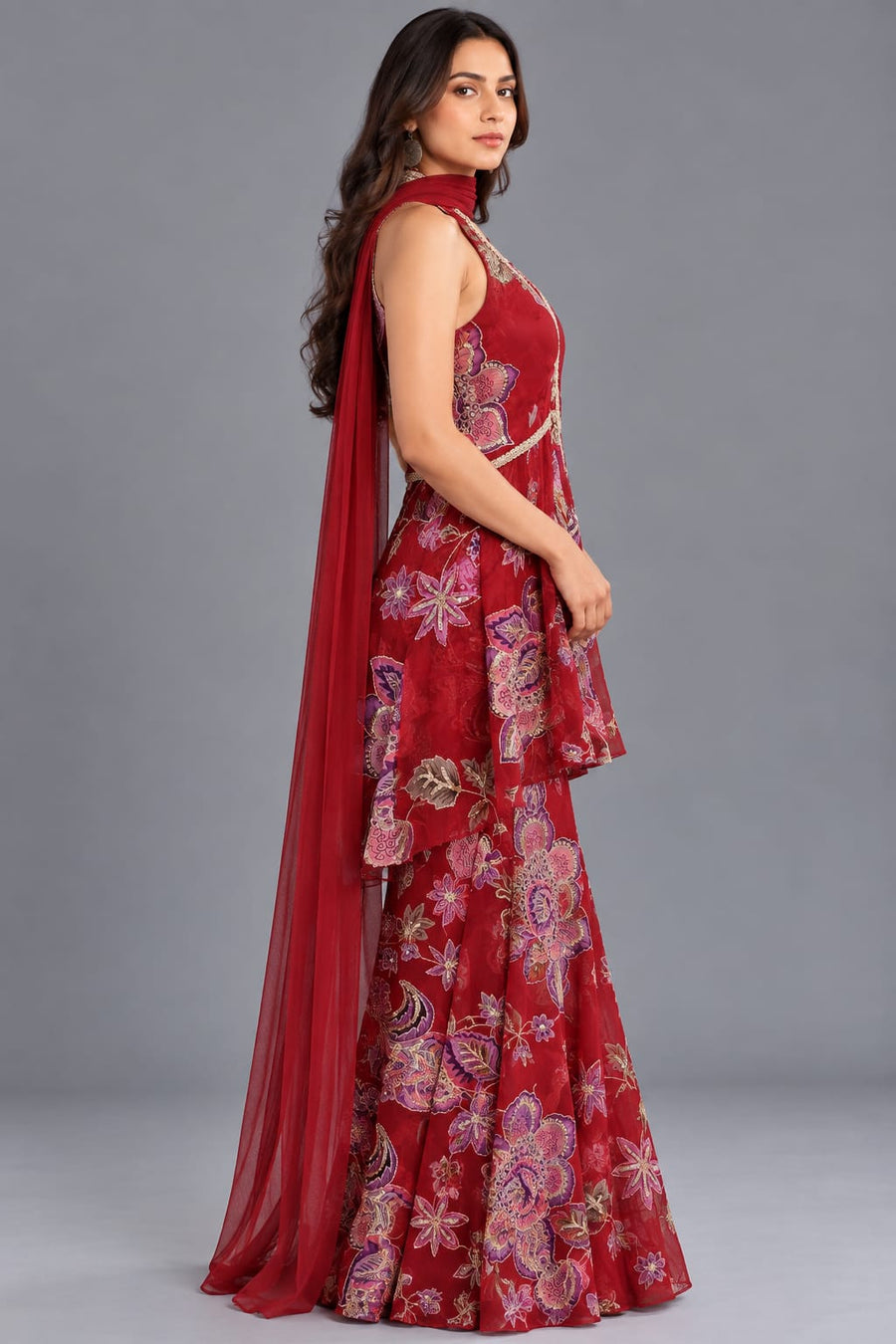 Floral Peplum Sharara Set with Choker Dupatta for Wedding Functions