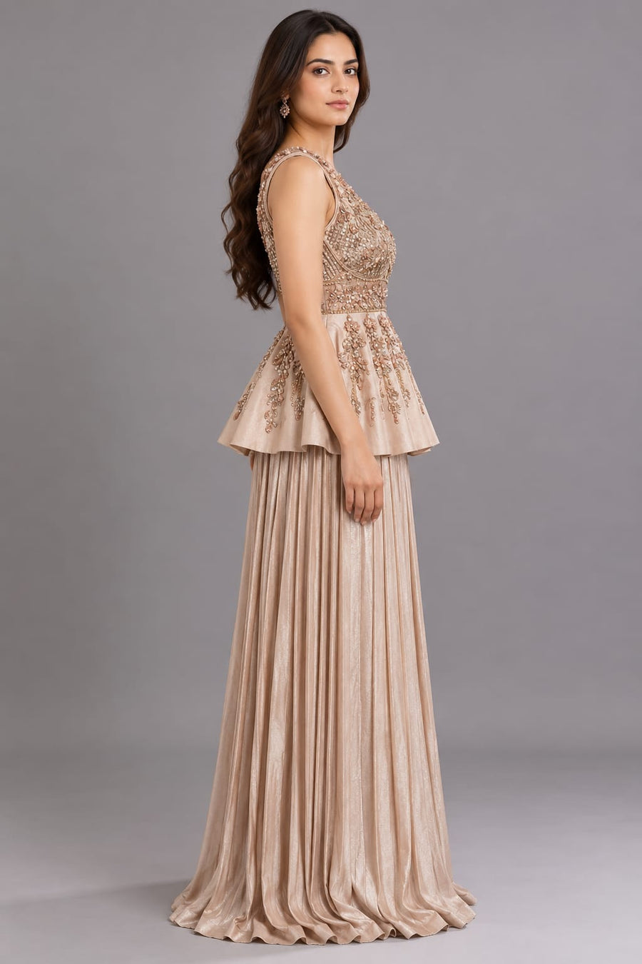Champagne Embellished Peplum Drape Gown for Women Party Wear