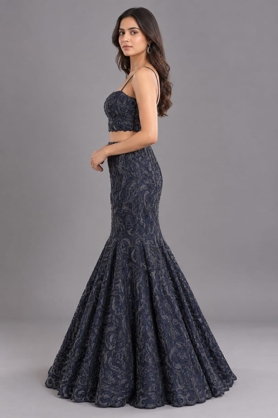 Navy Blue Embellished Fishcut Lehenga Set for Women Cocktail Party Wear