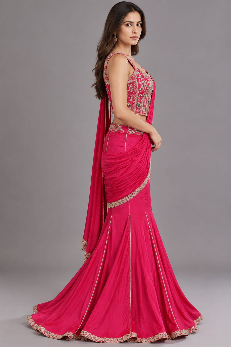 Rani Pink Designer Drape Saree with Embroidered Blouse | Vastrachowk