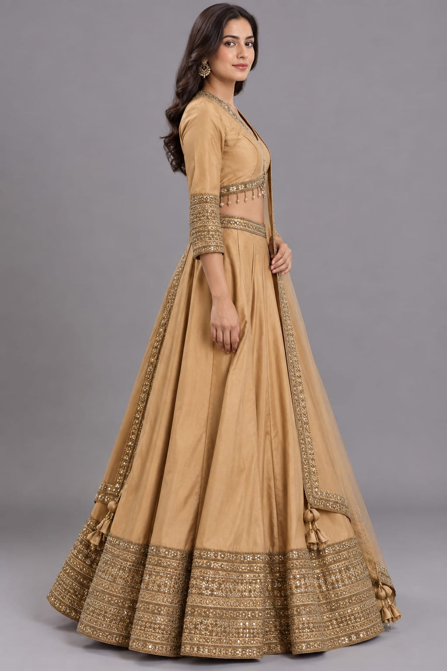 Golden Mirror Work Lehenga Choli with Dupatta | Vastrachowk