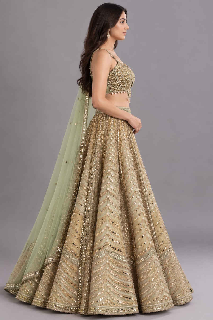 Pastel Green & Gold Mirror Work Lehenga with Pearl Detailing