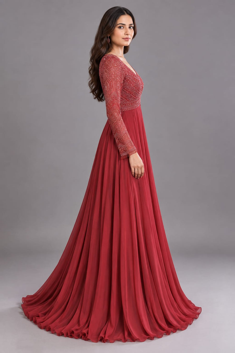 Maroon V-Neck Embroidered Full Sleeve Flared Anarkali for Women