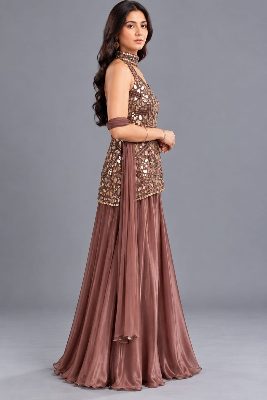 Brown Mirror Work Peplum Palazzo Set with Choker Dupatta for Women