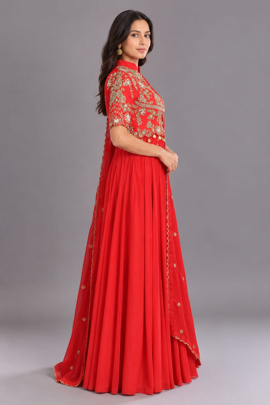Red Embroidered Anarkali Gown with Dupatta for Women Festive Wear