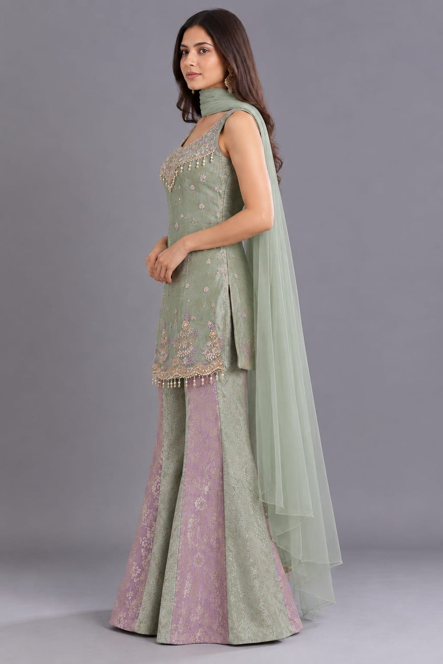 Sage Green & Lavender Embroidered Palazzo Suit with Dupatta