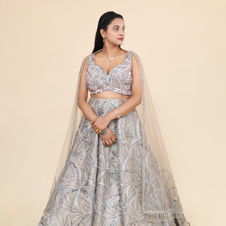 Silver Crop Top Ceremonial Lehenga- Vastrachowk