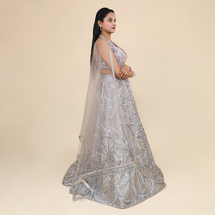 Silver Crop Top Ceremonial Lehenga- Vastrachowk