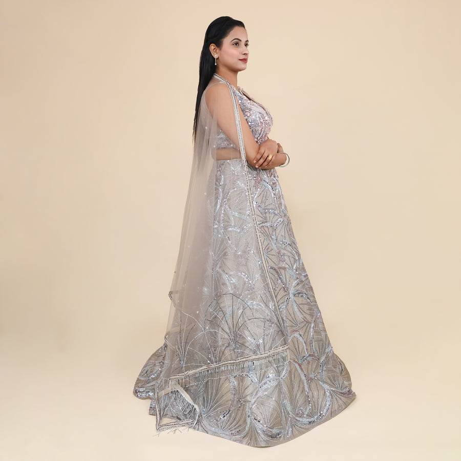 Silver Crop Top Ceremonial Lehenga- Vastrachowk
