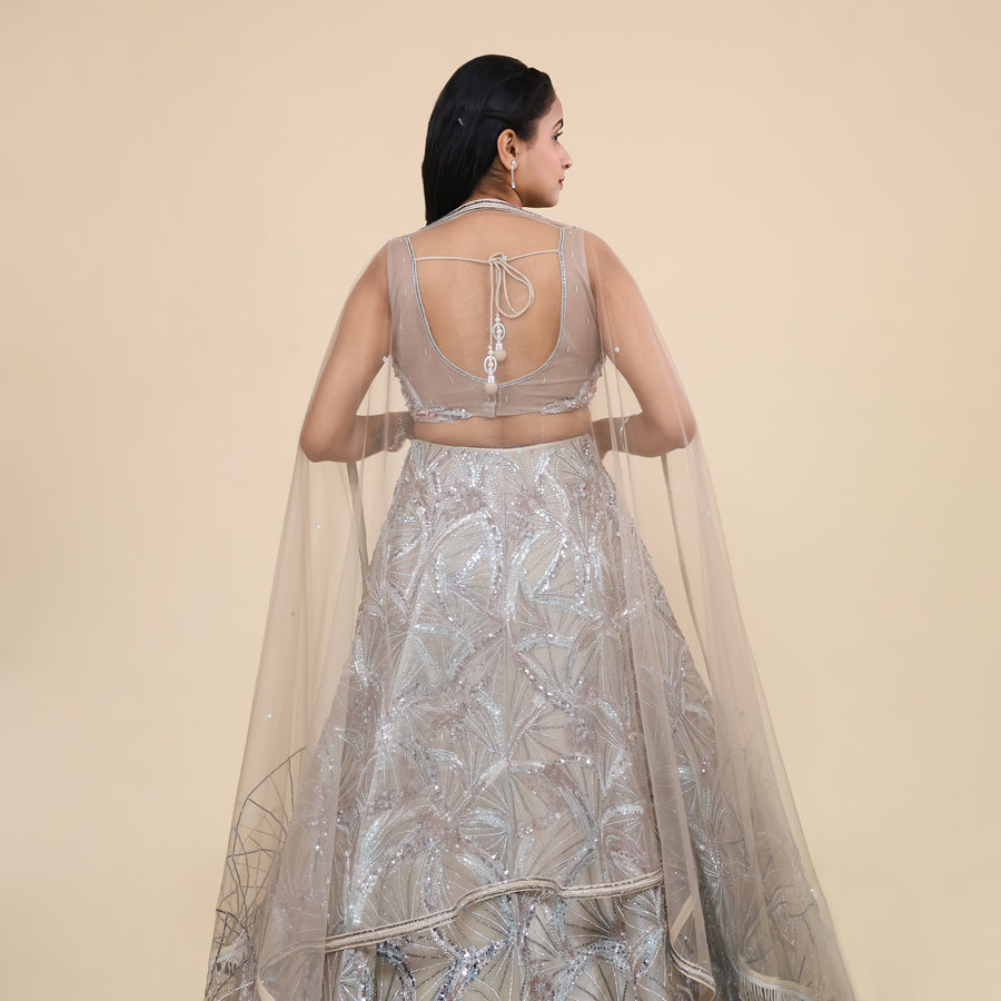 Silver Crop Top Ceremonial Lehenga- Vastrachowk