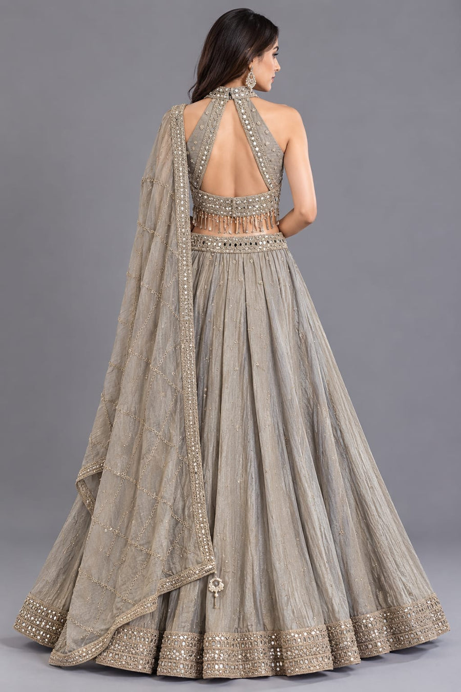 Silver Mirror Work Halter Neck Lehenga with Fringe Detailing