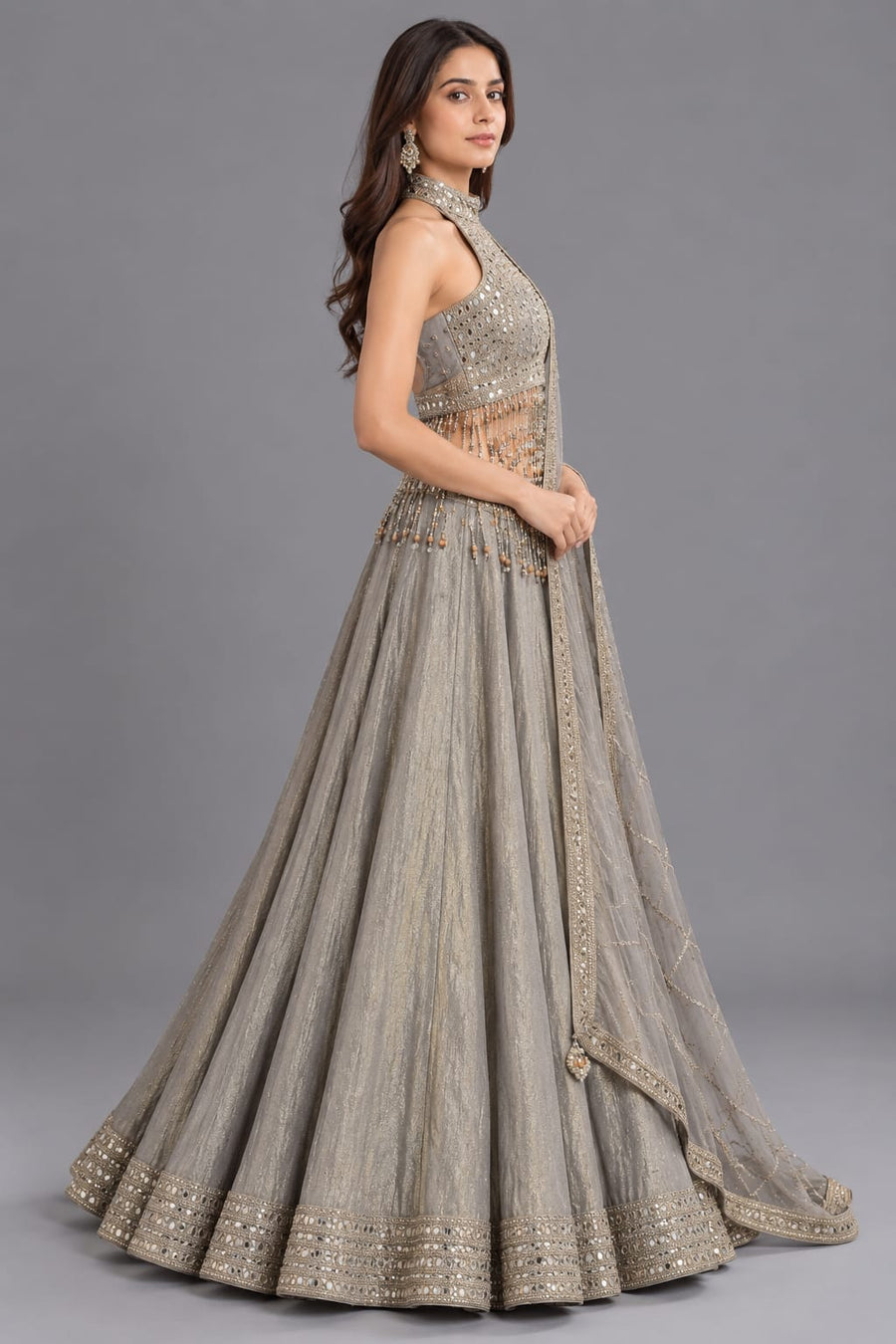 Silver Mirror Work Halter Neck Lehenga with Fringe Detailing