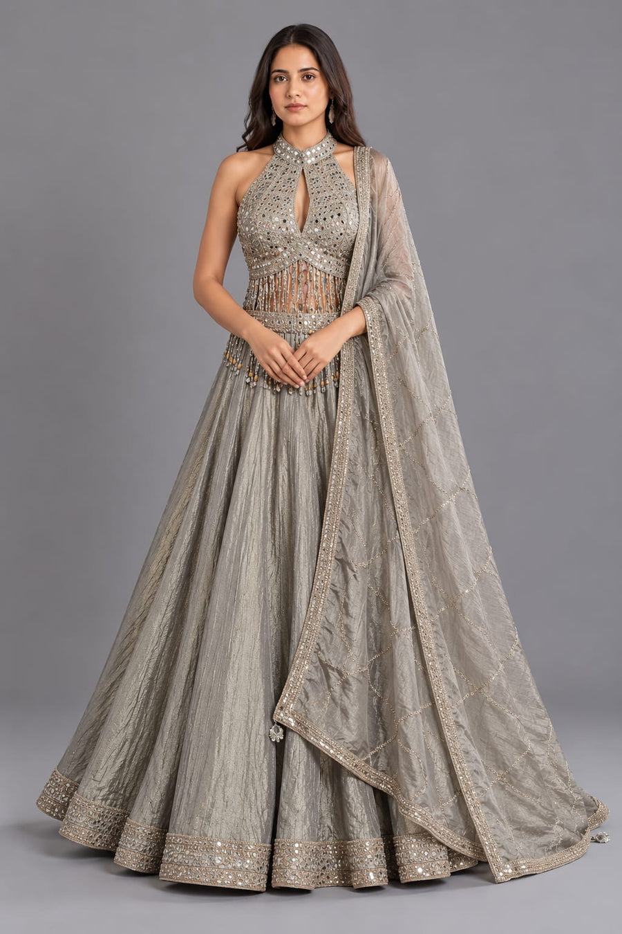 Silver Mirror Work Halter Neck Lehenga with Fringe Detailing