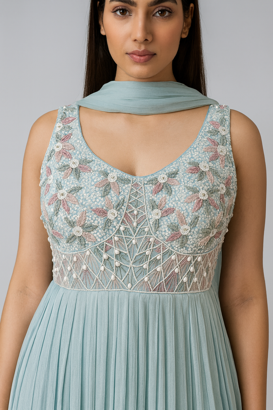 Sky Blue Anarkali with Dupatta close profile