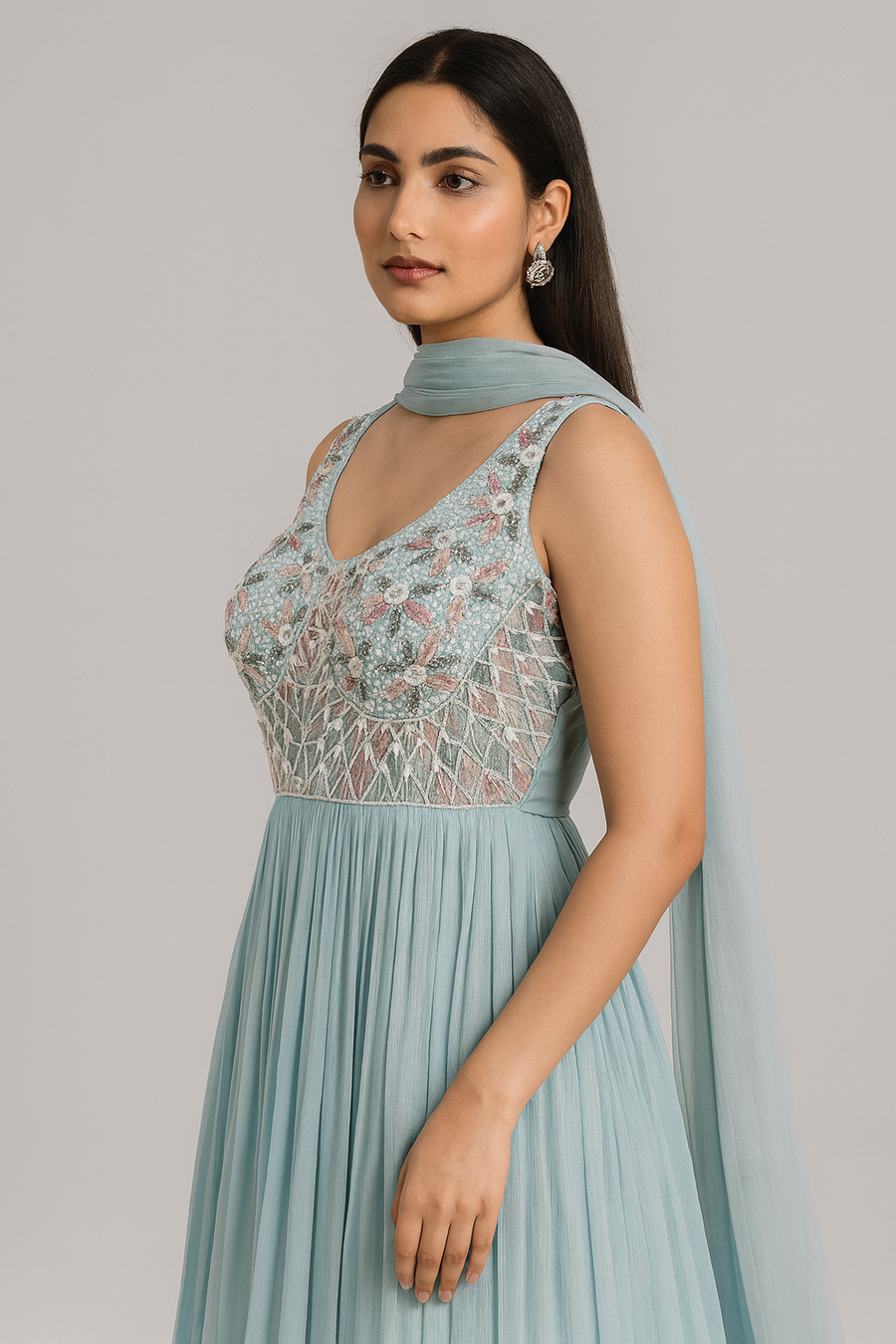 Sky Blue Anarkali with Dupatta left profile