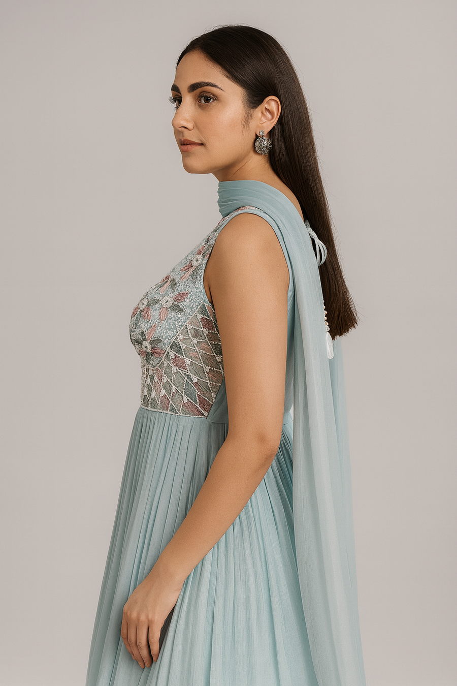 Sky Blue Anarkali with Dupatta side profile