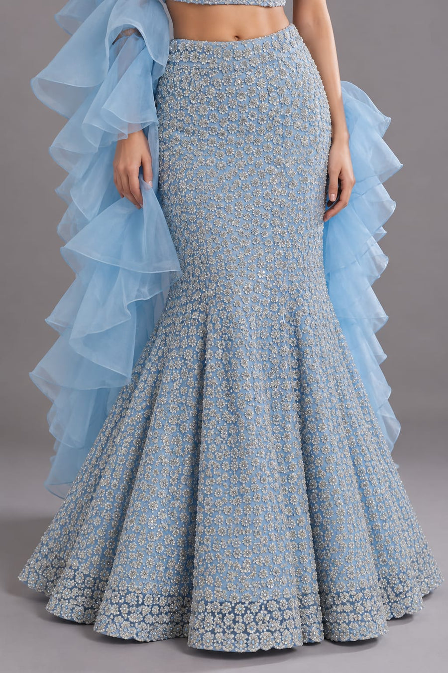 Sky Blue Fishcut Lehenga with Sequin Work & Ruffle Dupatta