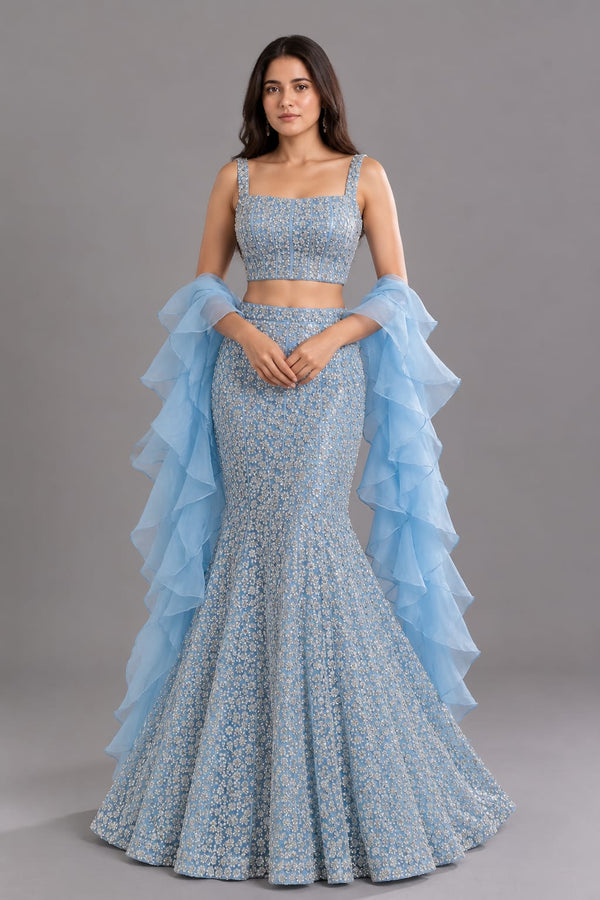 Sky Blue Fishcut Lehenga with Sequin Work & Ruffle Dupatta