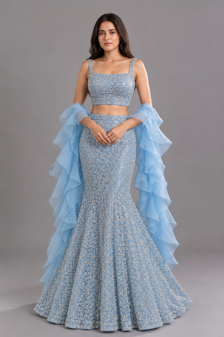 Sky Blue Fishcut Lehenga with Sequin Work & Ruffle Dupatta