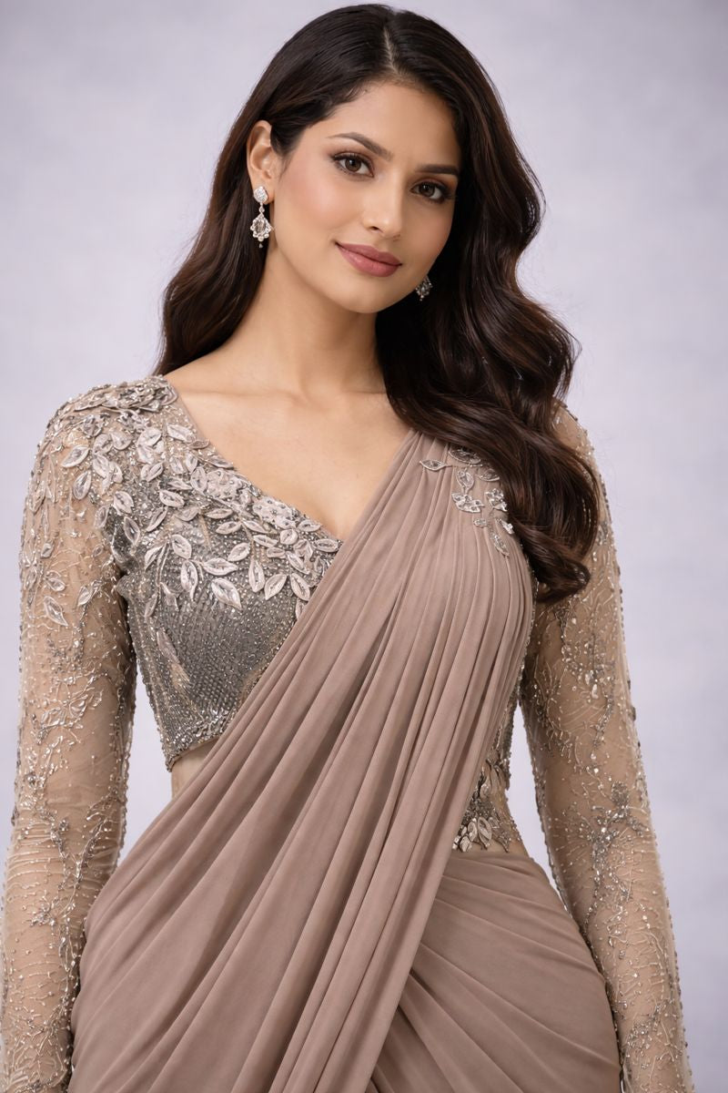 Smoke Gray Pre Drape Saree