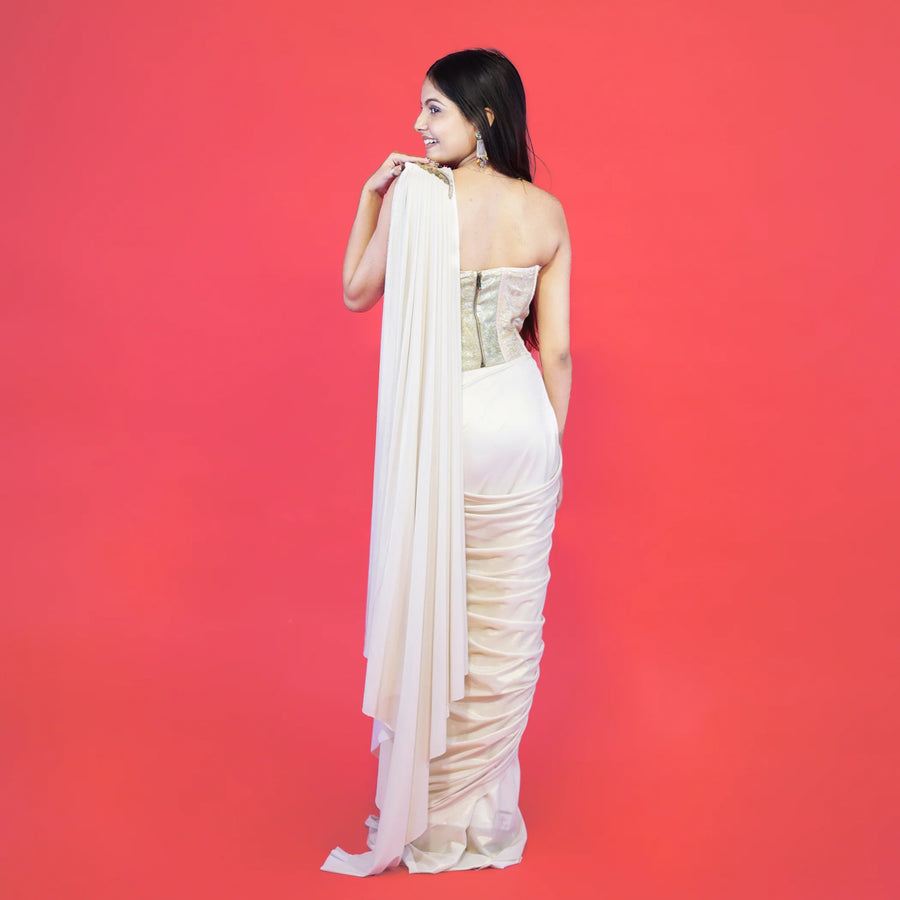 Stylish Crop Top Drape Saree with Co-ord Set Look Vastrachowk