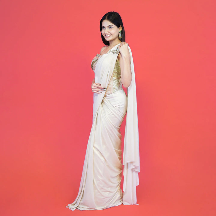 Stylish Crop Top Drape Saree with Co-ord Set Look Vastrachowk