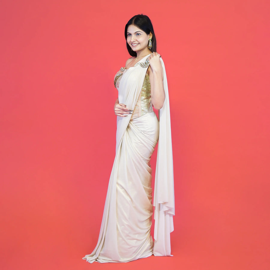 Stylish Crop Top Drape Saree with Co-ord Set Look Vastrachowk