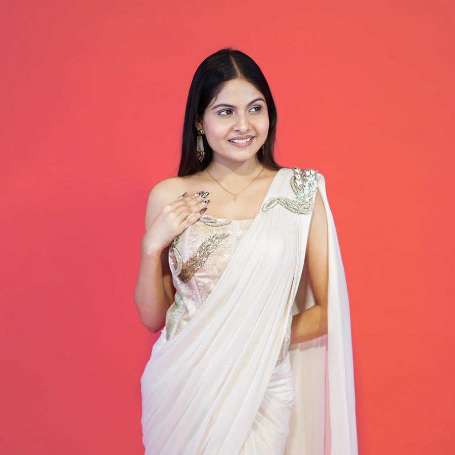 Stylish Crop Top Drape Saree with Co-ord Set Look Vastrachowk