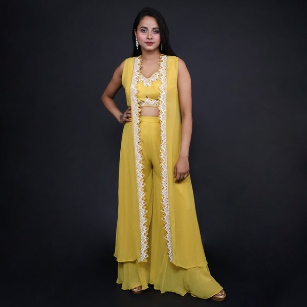Stylish Crop Top Palazzo Set with Shrug- Vastrachowk