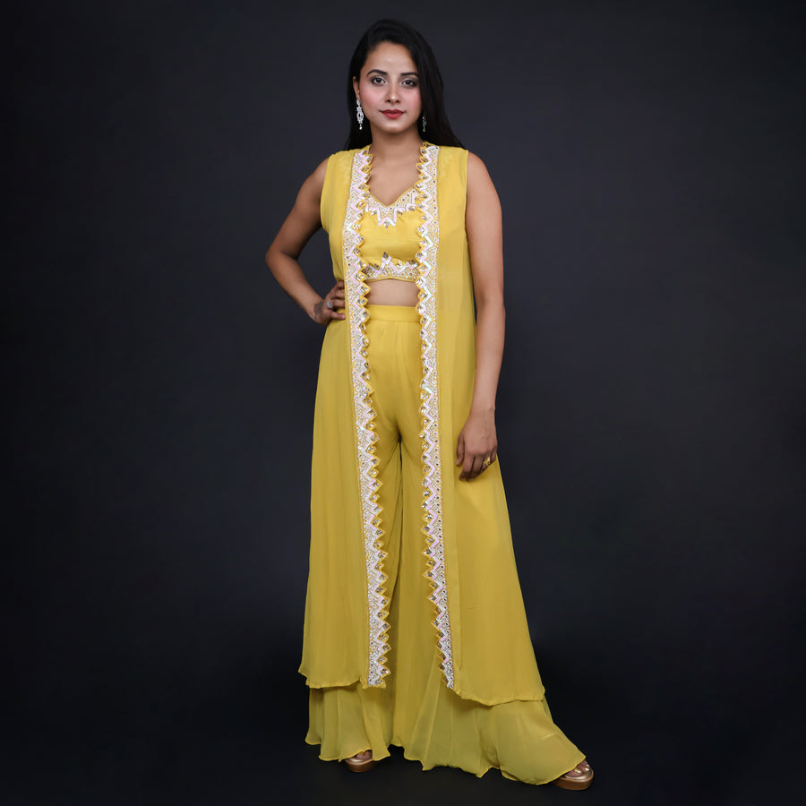 Stylish Crop Top Palazzo Set with Shrug- Vastrachowk