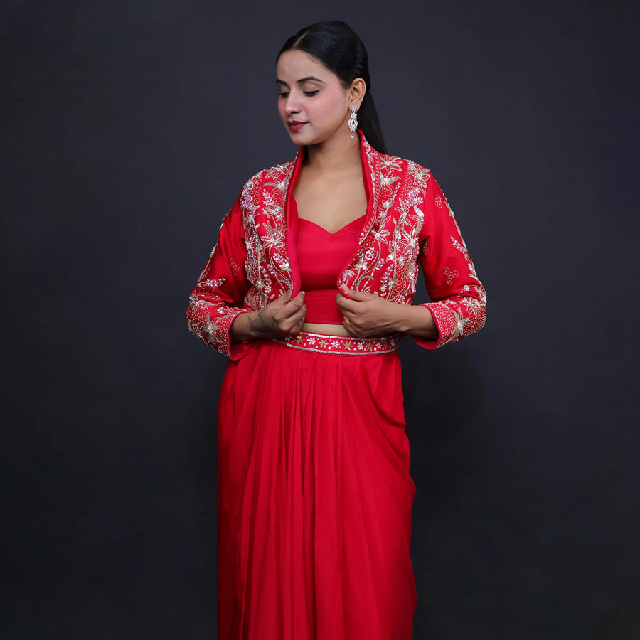 Stylish Crop Top with Dhoti Shrug Style Jacket- Vastrachowk