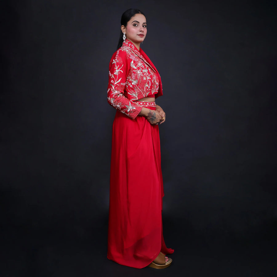 Stylish Crop Top with Dhoti Shrug Style Jacket- Vastrachowk