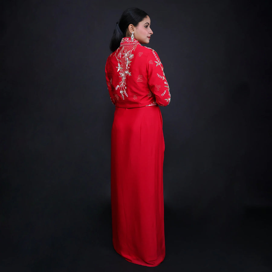 Stylish Crop Top with Dhoti Shrug Style Jacket- Vastrachowk